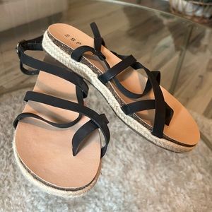 Women’s black sandals, strapy, woven platform